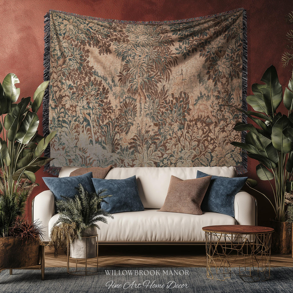 Natural Botanicals Old World Jacquard Woven Tapestry | Heritage Home Neutral Wall Hanging Soft Luxury Golden Rustic Throw Blanket French Art