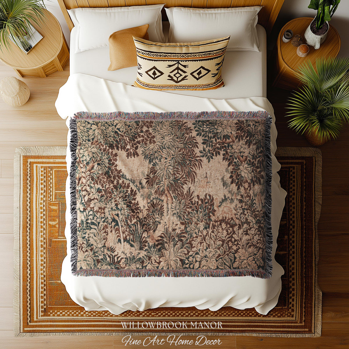 Natural Botanicals Old World Jacquard Woven Tapestry | Heritage Home Neutral Wall Hanging Soft Luxury Golden Rustic Throw Blanket French Art