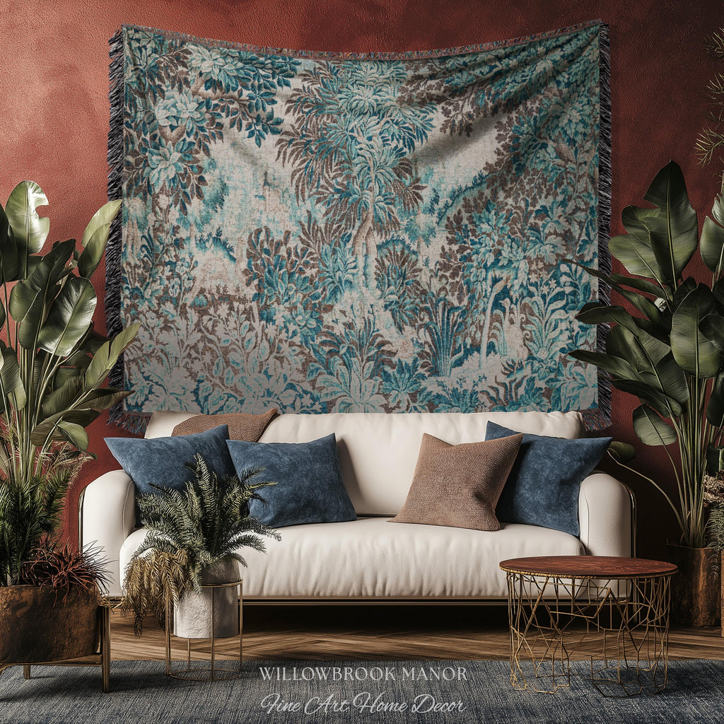 Ethereal Woodland Teal Blue French Tapestry Aubusson Chateau Style Textile Wall Decor | Tranquil Scene Vintage Verdure Forest Landscape Art