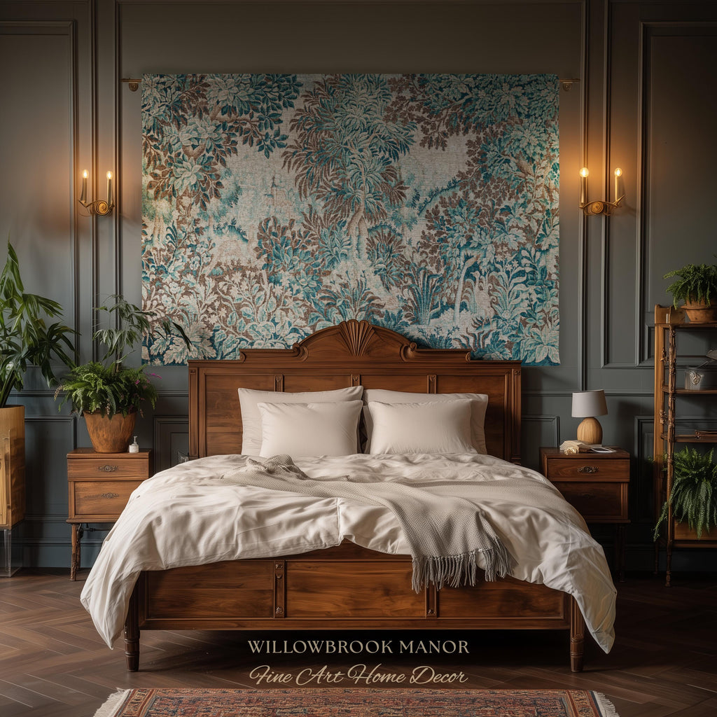 Ethereal Woodland Teal Blue French Tapestry Aubusson Chateau Style Textile Wall Decor | Tranquil Scene Vintage Verdure Forest Landscape Art