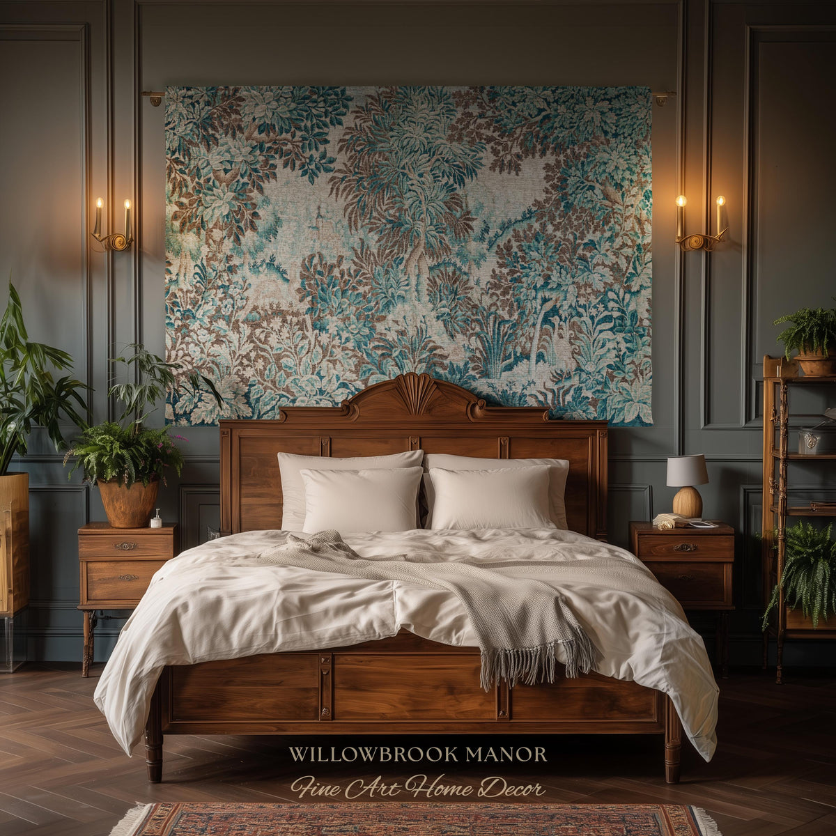 Ethereal Woodland Teal Blue French Tapestry Aubusson Chateau Style Textile Wall Decor | Tranquil Scene Vintage Verdure Forest Landscape Art