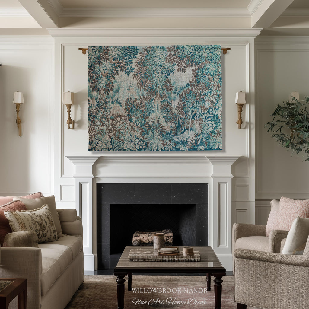 Ethereal Woodland Teal Blue French Tapestry Aubusson Chateau Style Textile Wall Decor | Tranquil Scene Vintage Verdure Forest Landscape Art