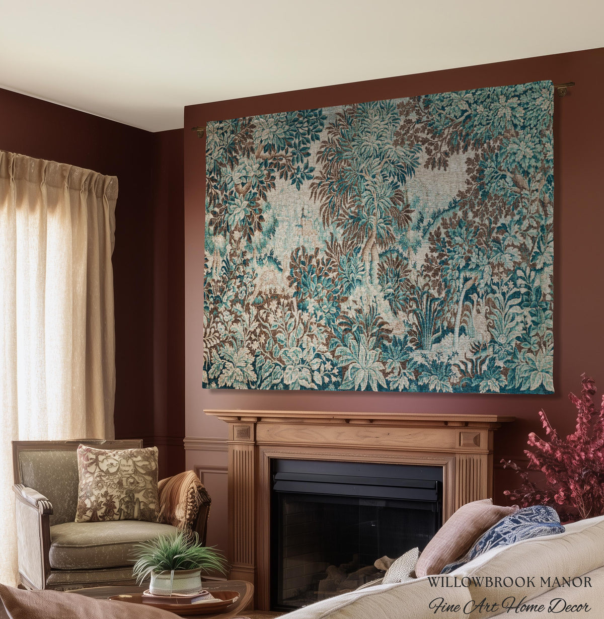 Ethereal Woodland Teal Blue French Tapestry Aubusson Chateau Style Textile Wall Decor | Tranquil Scene Vintage Verdure Forest Landscape Art