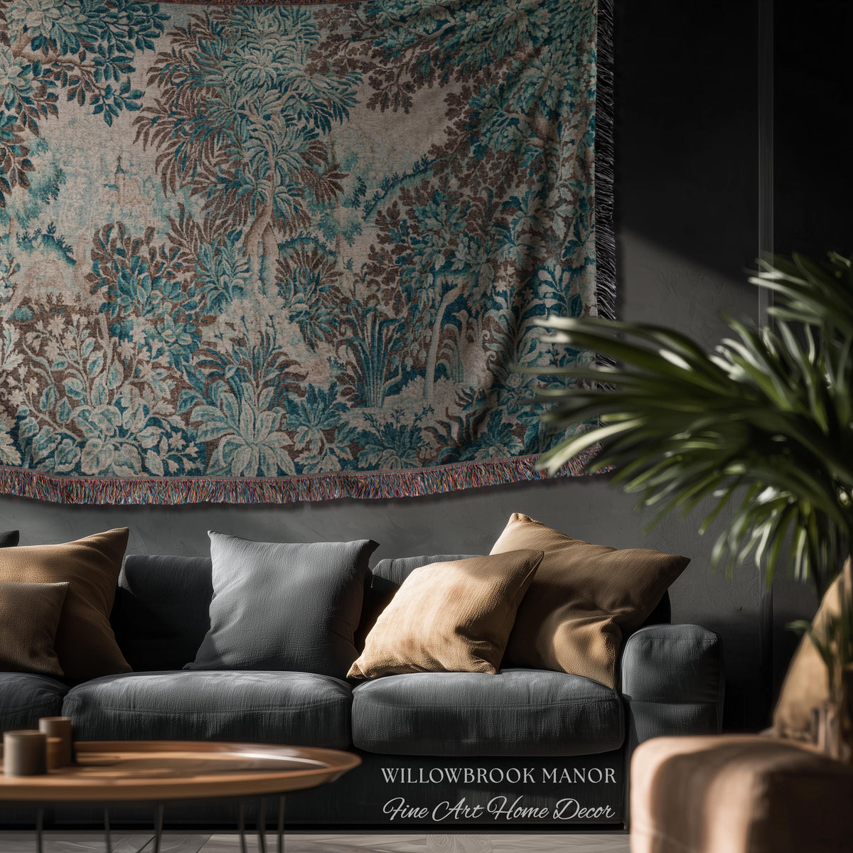 Ethereal Woodland Teal Blue French Tapestry Aubusson Chateau Style Textile Wall Decor | Tranquil Scene Vintage Verdure Forest Landscape Art