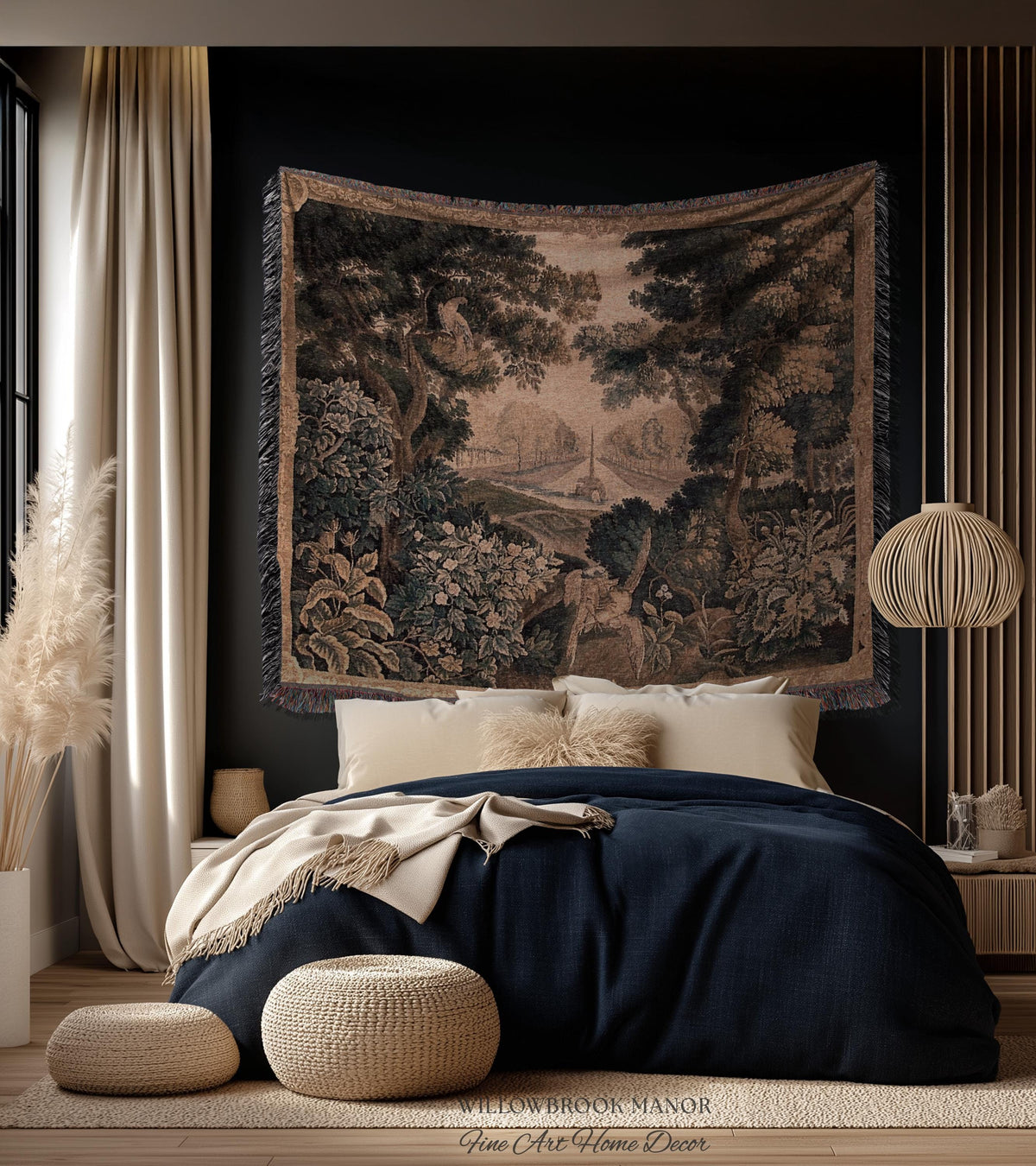 Elegant Rustic Rococo Old World Botanical Forest Tapestry Woven Woodland Scene Art | Heritage Pastoral Belgian Tapestry Classical Wall Decor