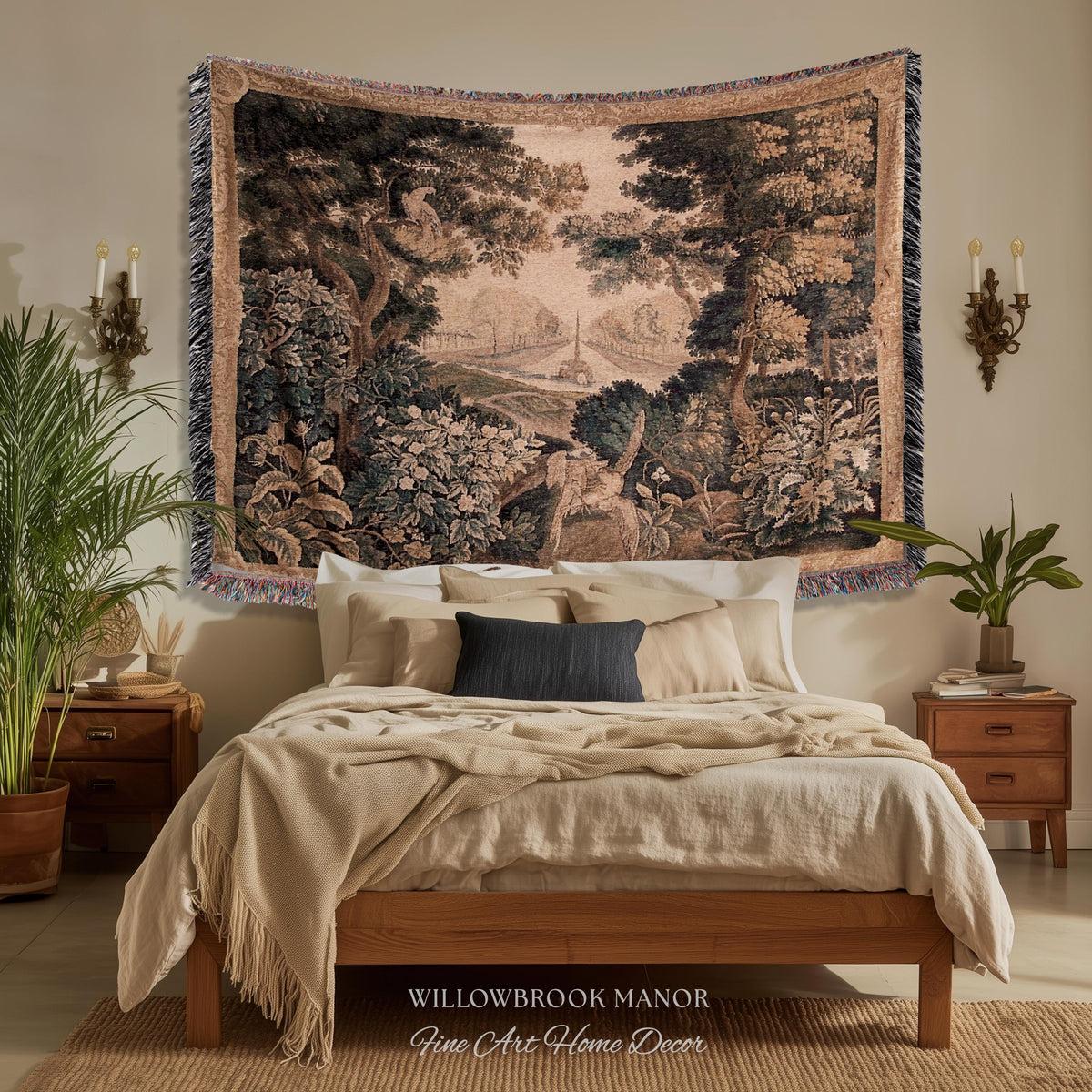 Elegant Rustic Rococo Old World Botanical Forest Tapestry Woven Woodland Scene Art | Heritage Pastoral Belgian Tapestry Classical Wall Decor