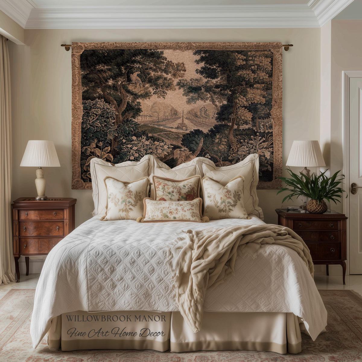 Elegant Rustic Rococo Old World Botanical Forest Tapestry Woven Woodland Scene Art | Heritage Pastoral Belgian Tapestry Classical Wall Decor