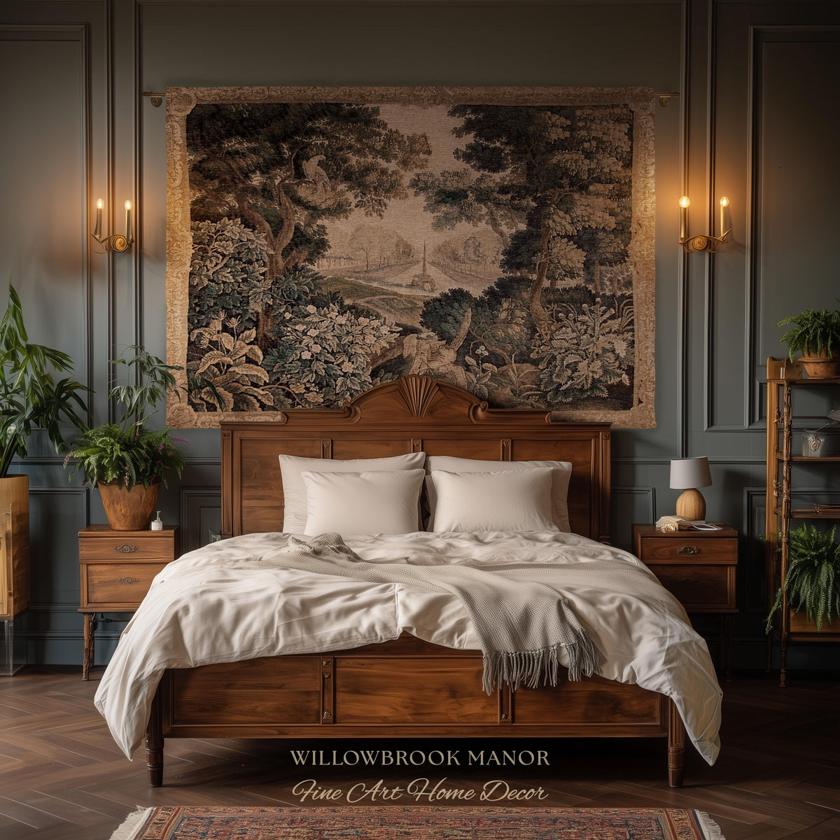 Elegant Rustic Rococo Old World Botanical Forest Tapestry Woven Woodland Scene Art | Heritage Pastoral Belgian Tapestry Classical Wall Decor