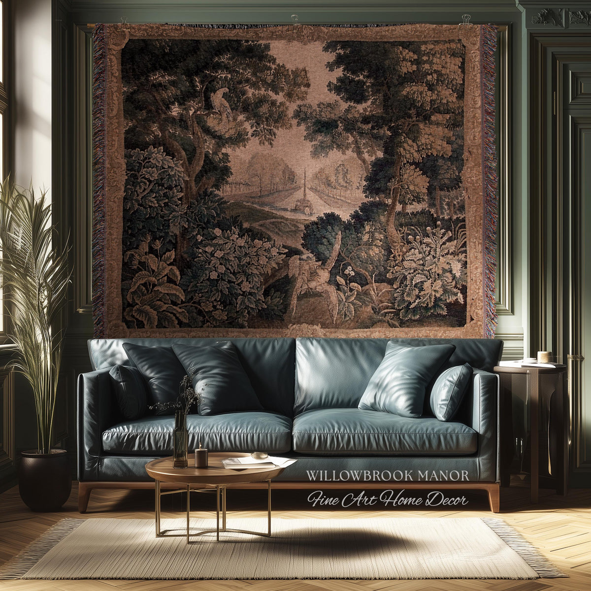 Elegant Rustic Rococo Old World Botanical Forest Tapestry Woven Woodland Scene Art | Heritage Pastoral Belgian Tapestry Classical Wall Decor