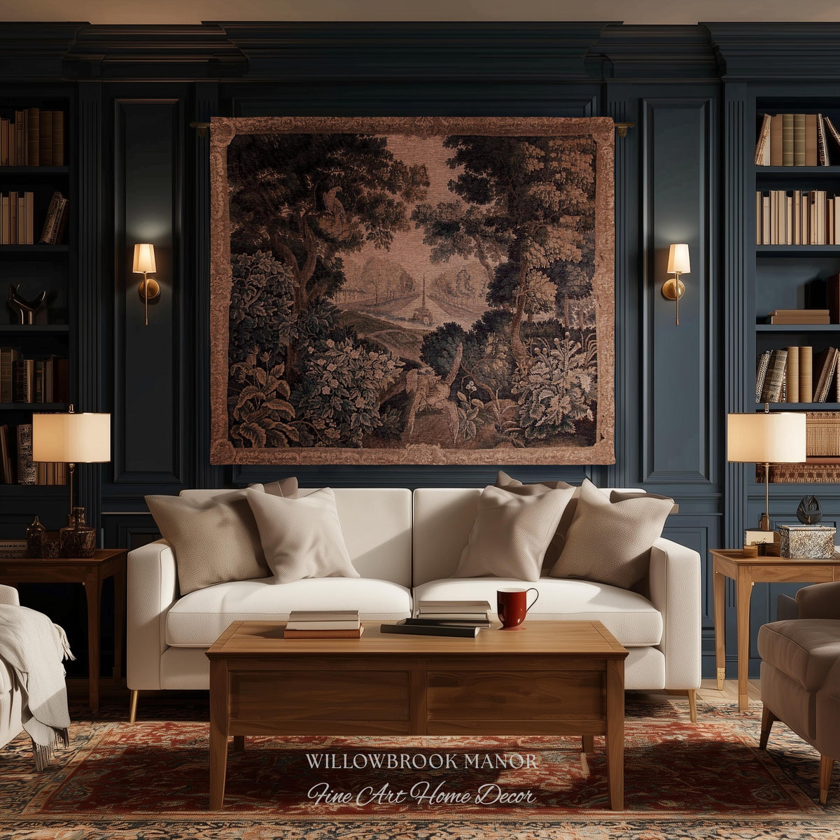 Elegant Rustic Rococo Old World Botanical Forest Tapestry Woven Woodland Scene Art | Heritage Pastoral Belgian Tapestry Classical Wall Decor