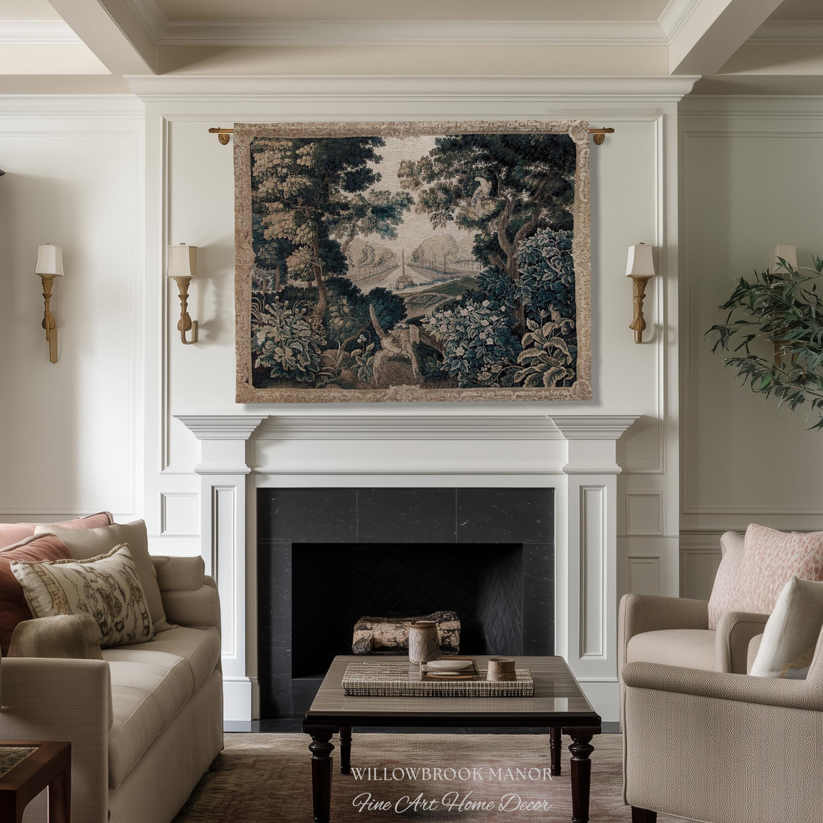 Brussels Tapestry Verdure Garden Antique European Baroque Wall Decor Birds & Foliage 17th-Century Manor Landscape Woven Traditional Textile