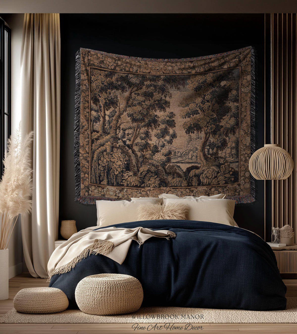 Classical Elegance Verdure Countryside Scenic Wall Hanging Jacquard Woven Throw | Old World Textile Ornate Pastoral Rustic Nostalgia Decor