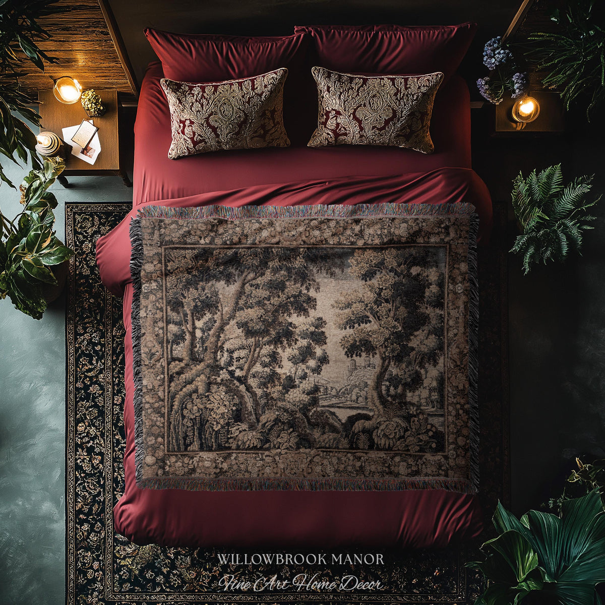 Classical Elegance Verdure Countryside Scenic Wall Hanging Jacquard Woven Throw | Old World Textile Ornate Pastoral Rustic Nostalgia Decor