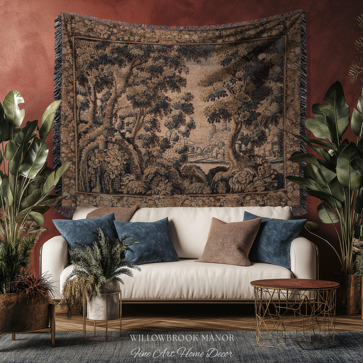 Classical Elegance Verdure Countryside Scenic Wall Hanging Jacquard Woven Throw | Old World Textile Ornate Pastoral Rustic Nostalgia Decor