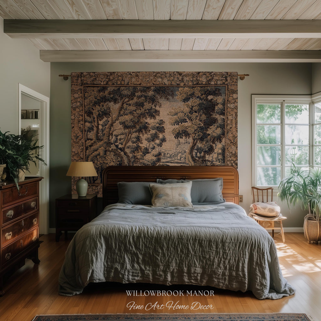 Classical Elegance Verdure Countryside Scenic Wall Hanging Jacquard Woven Throw | Old World Textile Ornate Pastoral Rustic Nostalgia Decor