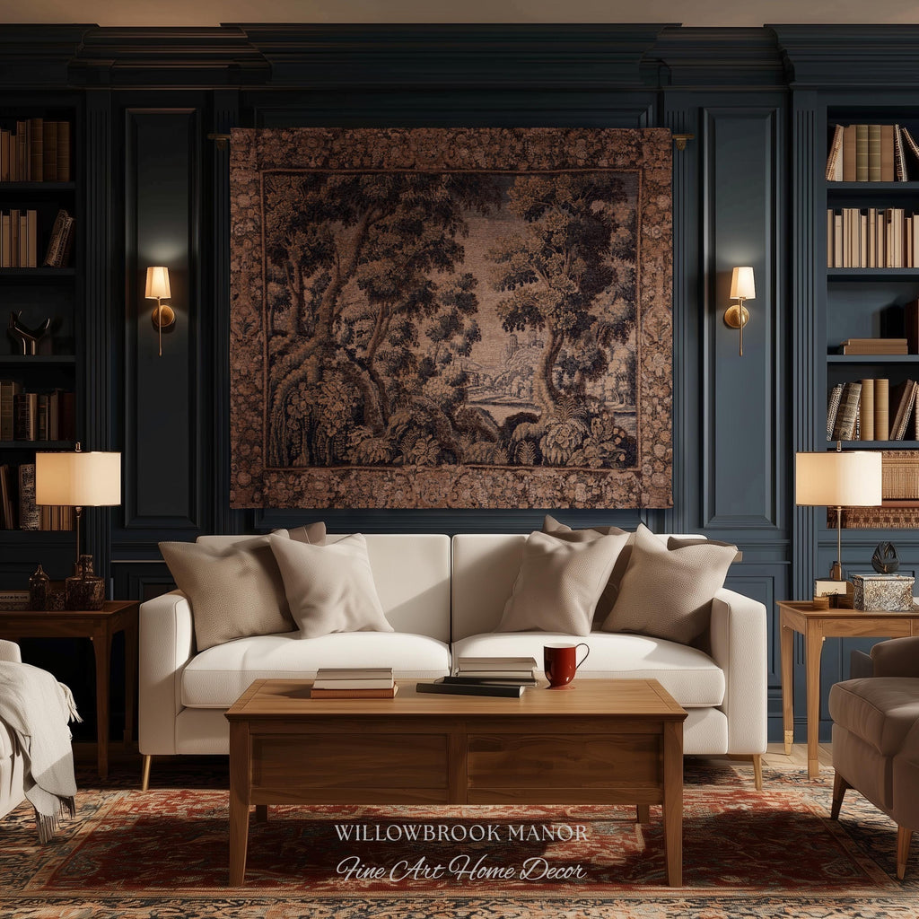 Classical Elegance Verdure Countryside Scenic Wall Hanging Jacquard Woven Throw | Old World Textile Ornate Pastoral Rustic Nostalgia Decor