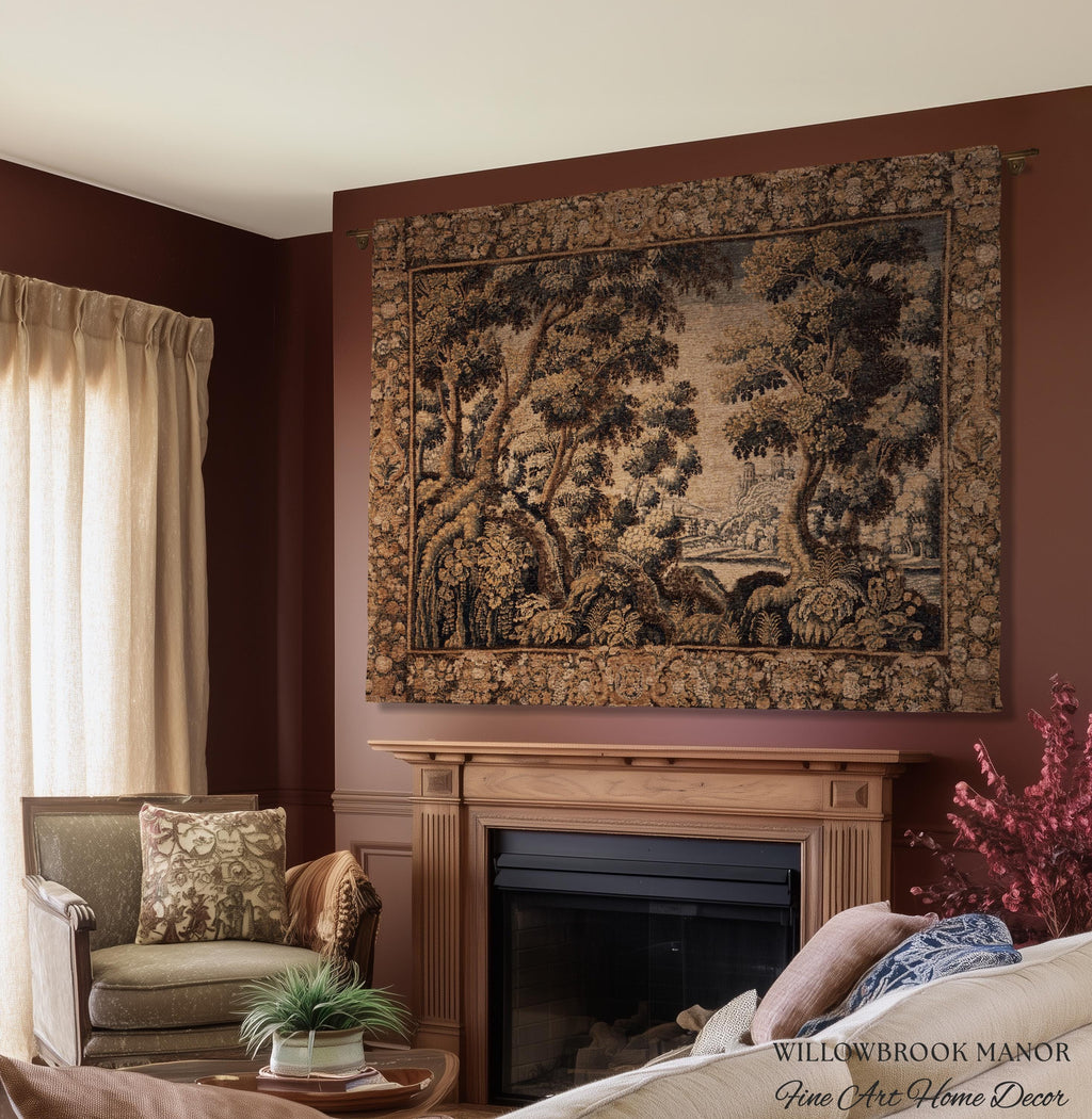 Classical Elegance Verdure Countryside Scenic Wall Hanging Jacquard Woven Throw | Old World Textile Ornate Pastoral Rustic Nostalgia Decor