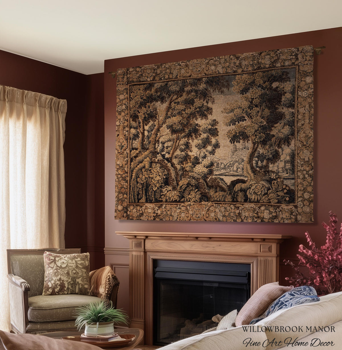 Classical Elegance Verdure Countryside Scenic Wall Hanging Jacquard Woven Throw | Old World Textile Ornate Pastoral Rustic Nostalgia Decor