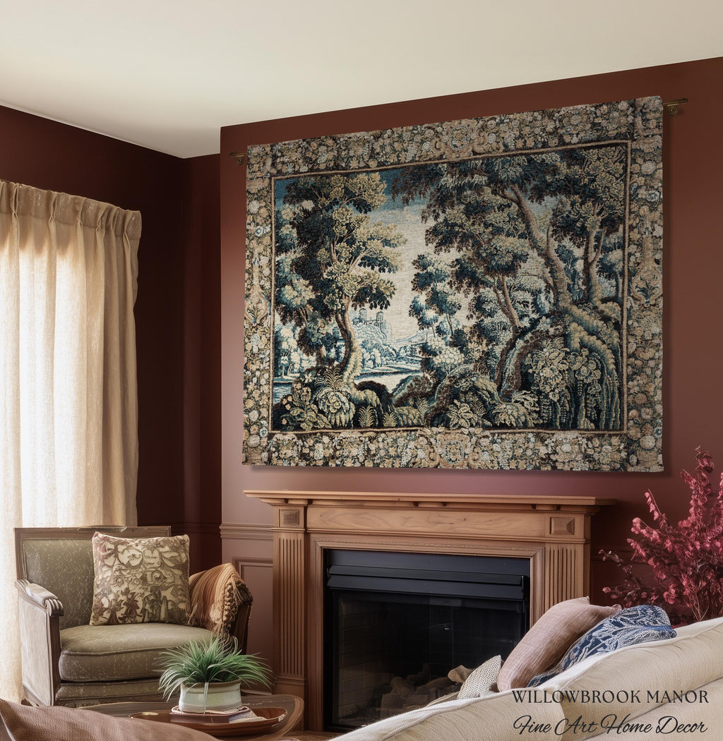 Heritage Nature Baroque Tapestry Flemish Textile Art Forest Ruins Landscape | Antique Reproduction Canal Scene Ornate Woodland Wall Decor