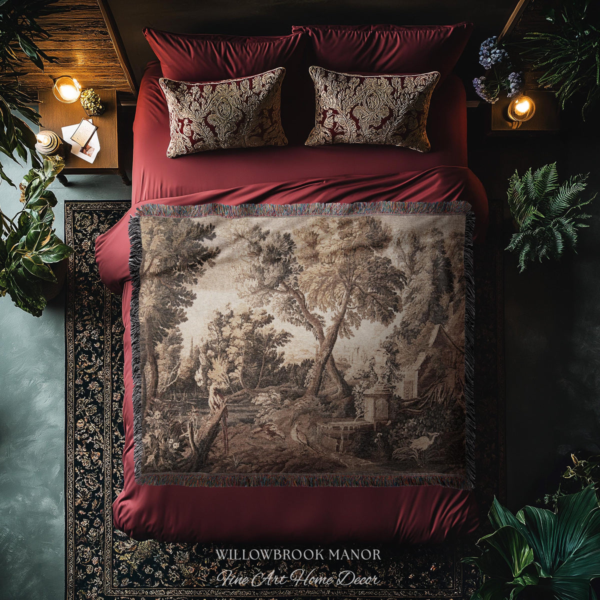 River Cottage Classical Scene Art Woven Throw Blanket | Shaggy Chic Rural Landscape Nature Wall Tapestry Botanical Bird Woodland Lake Decor