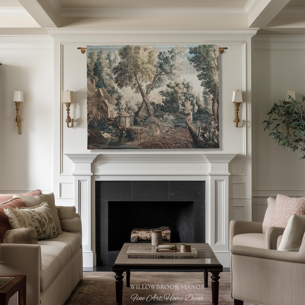 Peaceful Landscape European Old World Aubusson Chinoiserie Textile Tapestry | Antique Farmhouse French Cottage Art Woven Lake Scene Decor