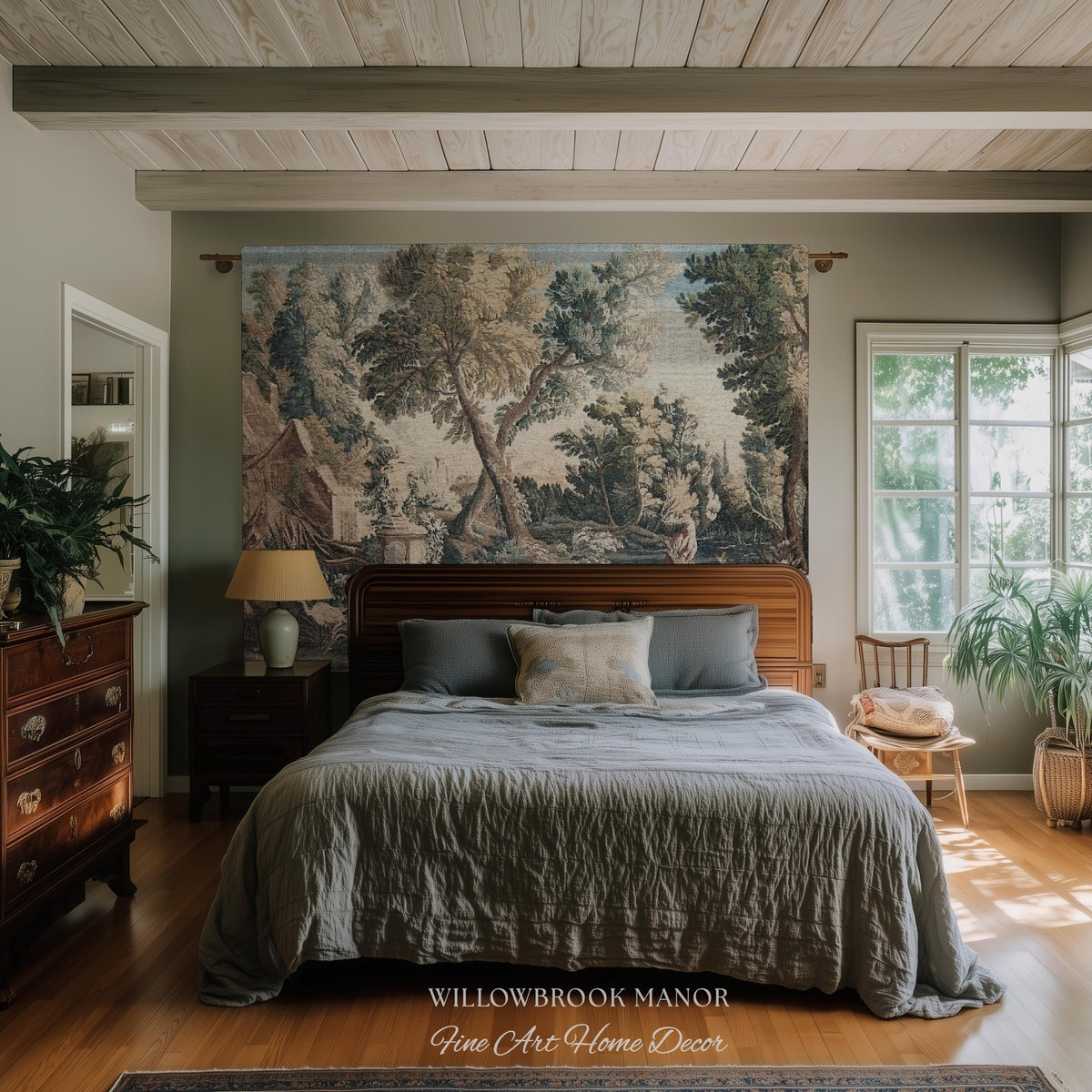 Peaceful Landscape European Old World Aubusson Chinoiserie Textile Tapestry | Antique Farmhouse French Cottage Art Woven Lake Scene Decor