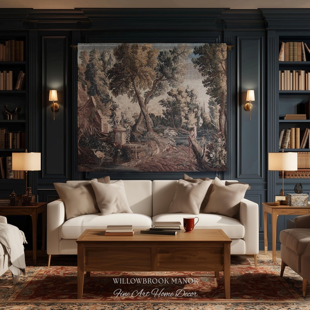 Peaceful Landscape European Old World Aubusson Chinoiserie Textile Tapestry | Antique Farmhouse French Cottage Art Woven Lake Scene Decor