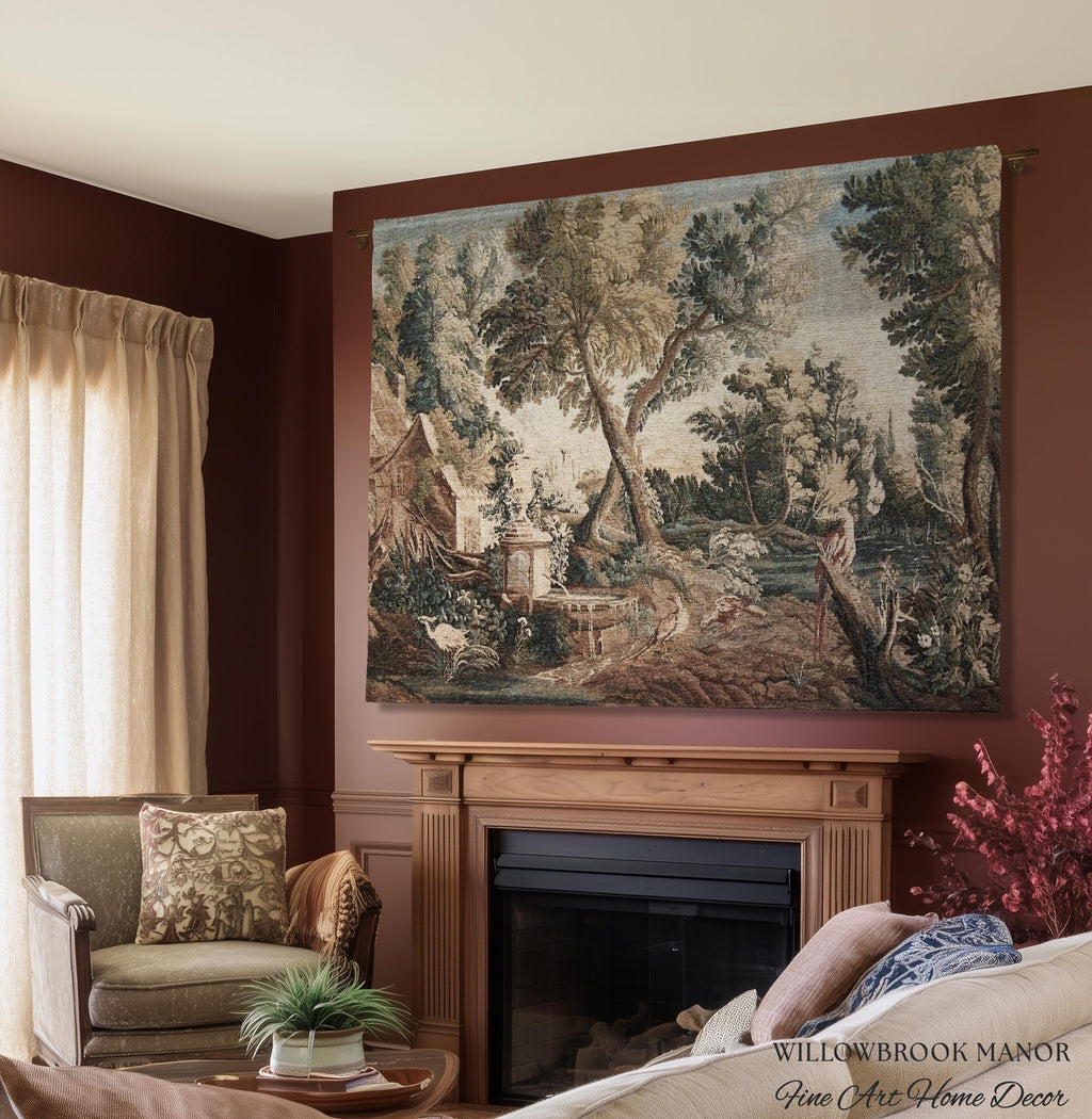 Peaceful Landscape European Old World Aubusson Chinoiserie Textile Tapestry | Antique Farmhouse French Cottage Art Woven Lake Scene Decor