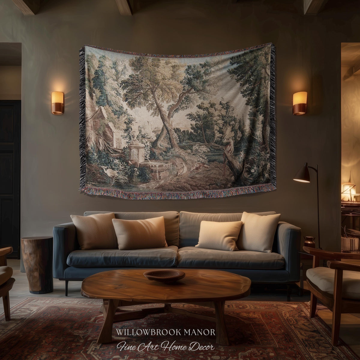 Peaceful Landscape European Old World Aubusson Chinoiserie Textile Tapestry | Antique Farmhouse French Cottage Art Woven Lake Scene Decor