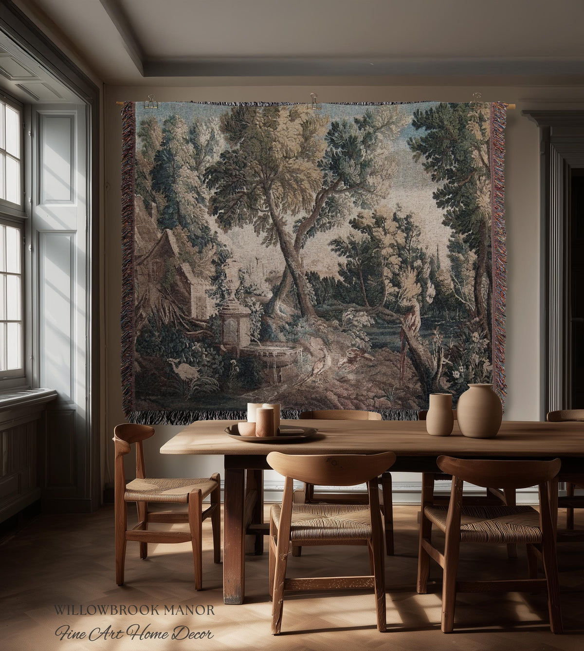 Peaceful Landscape European Old World Aubusson Chinoiserie Textile Tapestry | Antique Farmhouse French Cottage Art Woven Lake Scene Decor