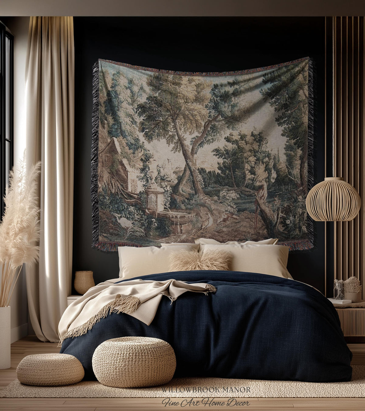 Peaceful Landscape European Old World Aubusson Chinoiserie Textile Tapestry | Antique Farmhouse French Cottage Art Woven Lake Scene Decor