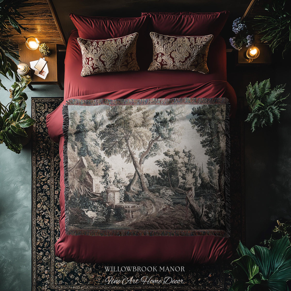 Peaceful Landscape European Old World Aubusson Chinoiserie Textile Tapestry | Antique Farmhouse French Cottage Art Woven Lake Scene Decor