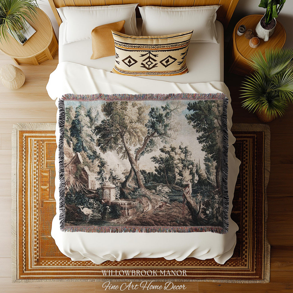 Peaceful Landscape European Old World Aubusson Chinoiserie Textile Tapestry | Antique Farmhouse French Cottage Art Woven Lake Scene Decor