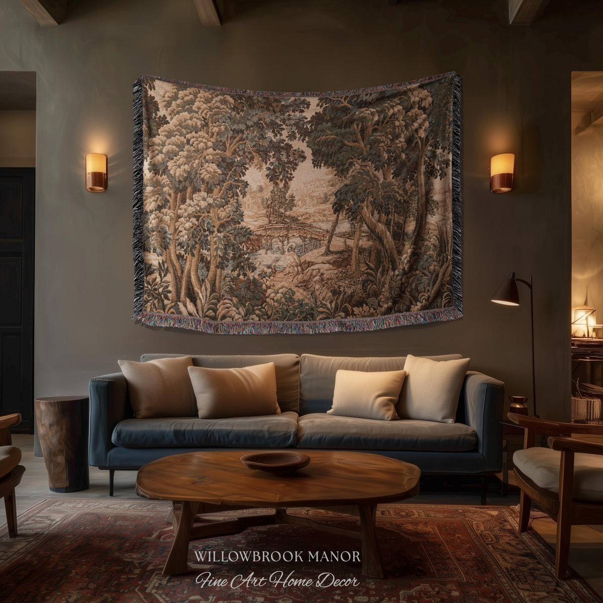 Jacquard French Pastoral Scenic Wall Tapestry Woven Rustic River Art | Classical Home Decor Vintage Verdure Heron Bird Nature Wall Hanging