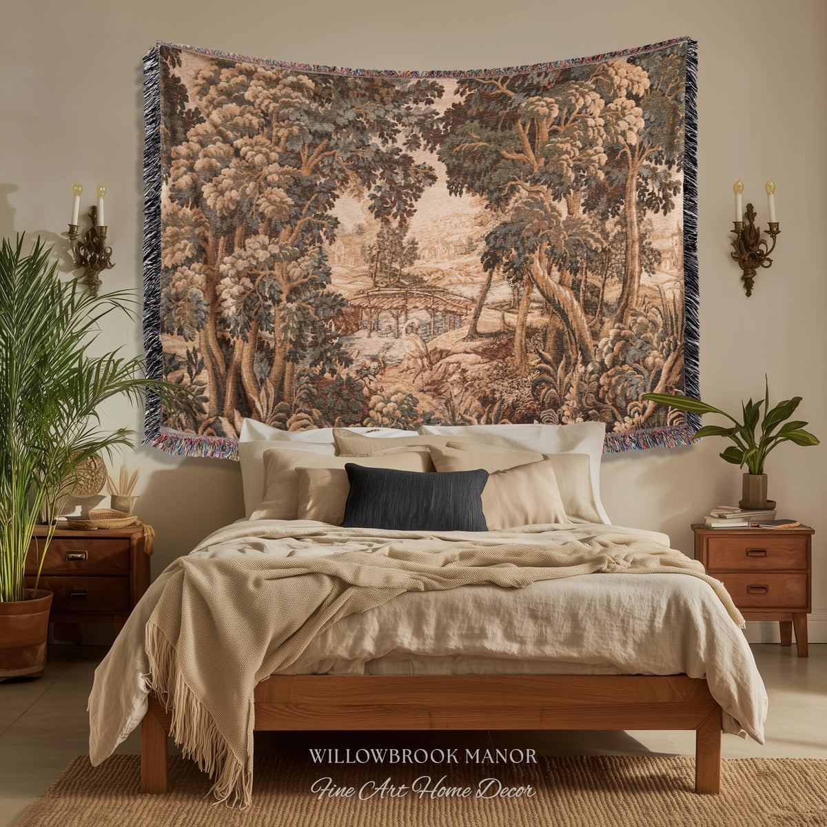 Jacquard French Pastoral Scenic Wall Tapestry Woven Rustic River Art | Classical Home Decor Vintage Verdure Heron Bird Nature Wall Hanging
