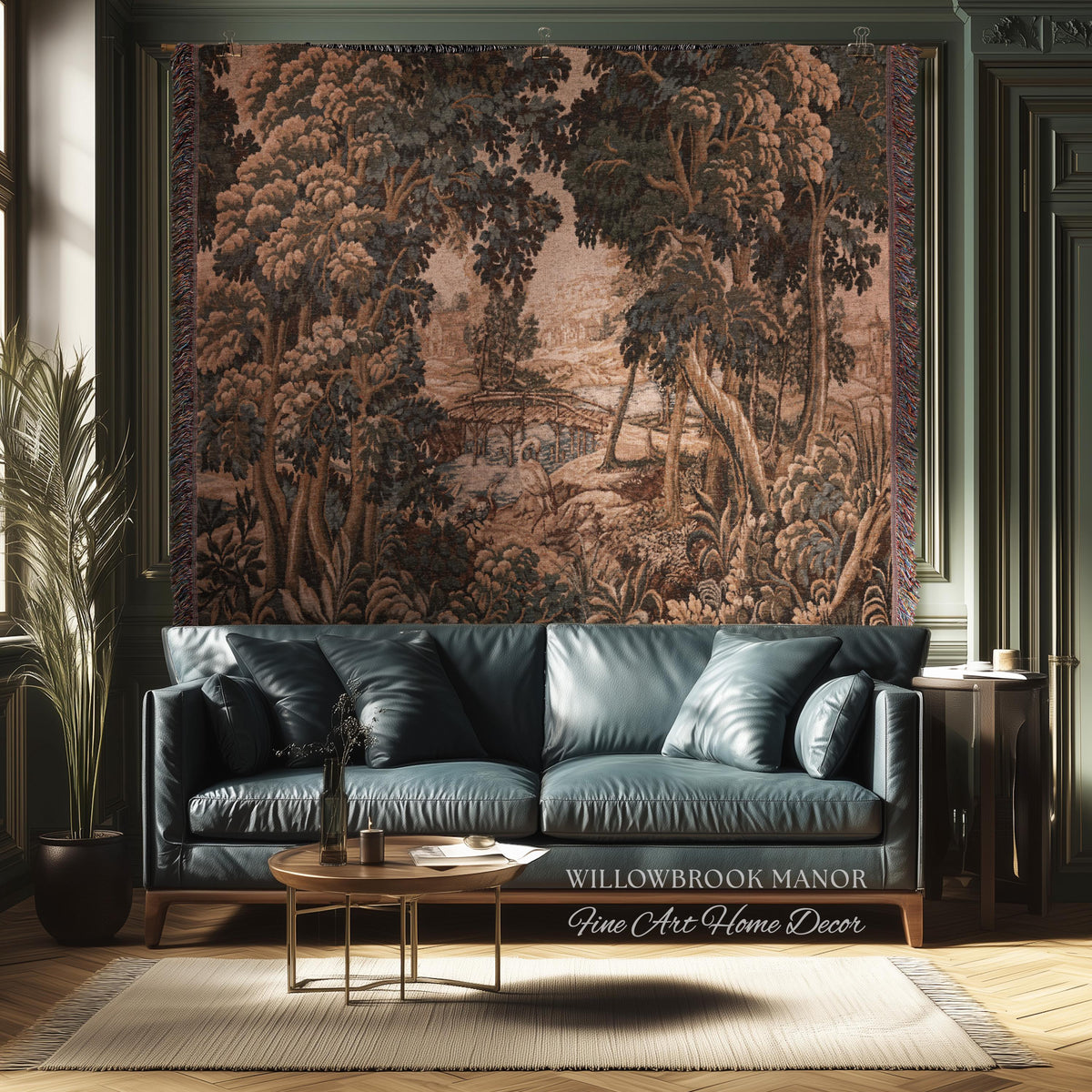 Jacquard French Pastoral Scenic Wall Tapestry Woven Rustic River Art | Classical Home Decor Vintage Verdure Heron Bird Nature Wall Hanging