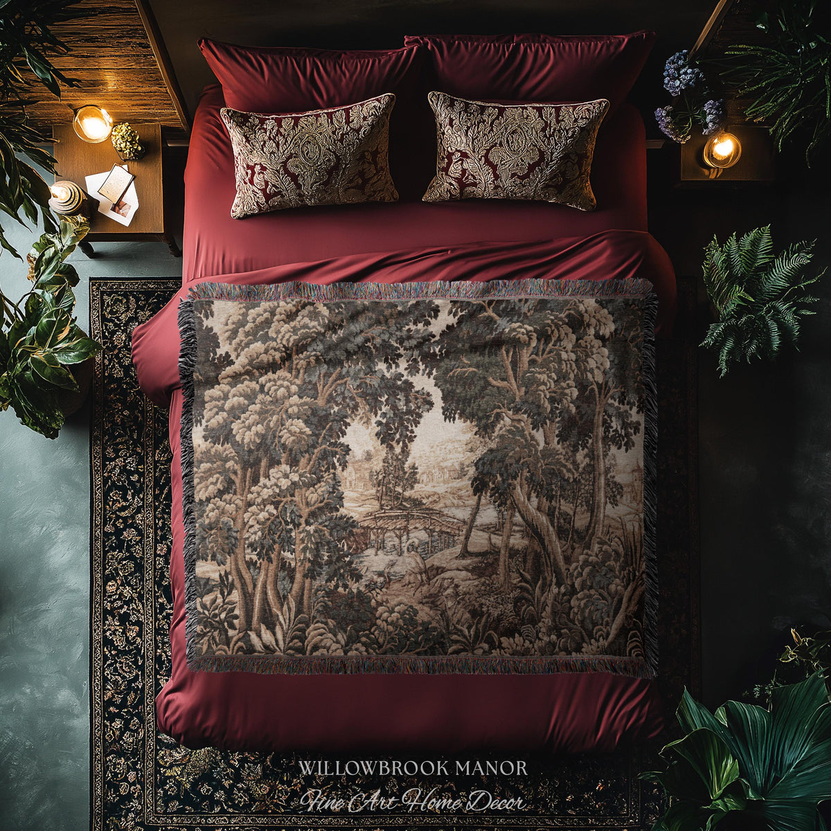Jacquard French Pastoral Scenic Wall Tapestry Woven Rustic River Art | Classical Home Decor Vintage Verdure Heron Bird Nature Wall Hanging