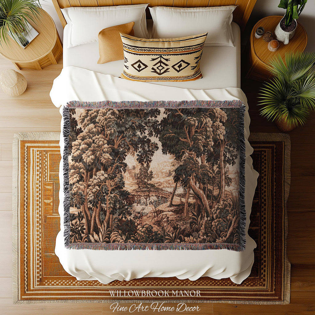 Jacquard French Pastoral Scenic Wall Tapestry Woven Rustic River Art | Classical Home Decor Vintage Verdure Heron Bird Nature Wall Hanging