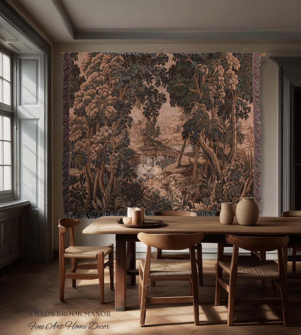 Jacquard French Pastoral Scenic Wall Tapestry Woven Rustic River Art | Classical Home Decor Vintage Verdure Heron Bird Nature Wall Hanging