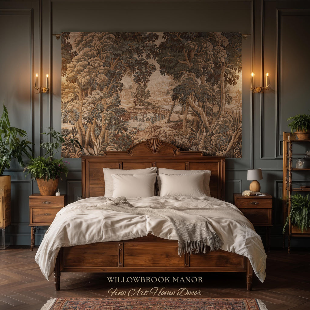 Jacquard French Pastoral Scenic Wall Tapestry Woven Rustic River Art | Classical Home Decor Vintage Verdure Heron Bird Nature Wall Hanging