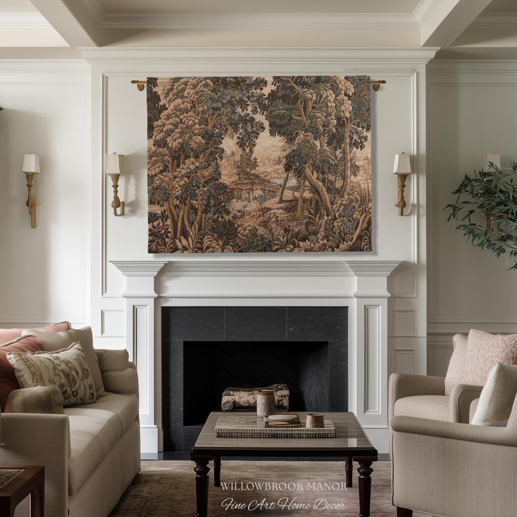 Jacquard French Pastoral Scenic Wall Tapestry Woven Rustic River Art | Classical Home Decor Vintage Verdure Heron Bird Nature Wall Hanging