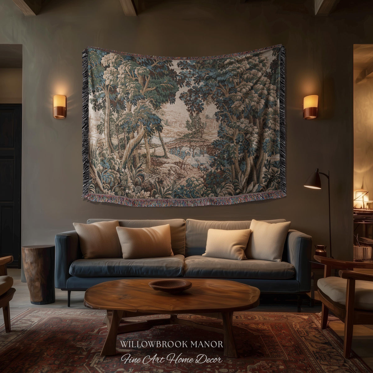 Royal Verdure Scenic River View Wetland Landscape Woven Textile Flemish Tapestry | Countryside Waterway Heron Rustic Bird and Foliage Decor