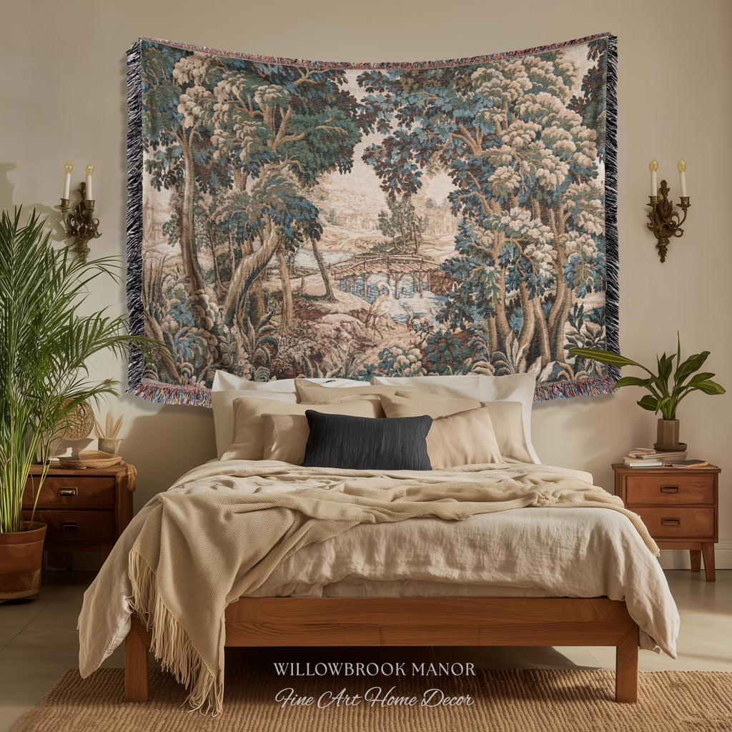Royal Verdure Scenic River View Wetland Landscape Woven Textile Flemish Tapestry | Countryside Waterway Heron Rustic Bird and Foliage Decor