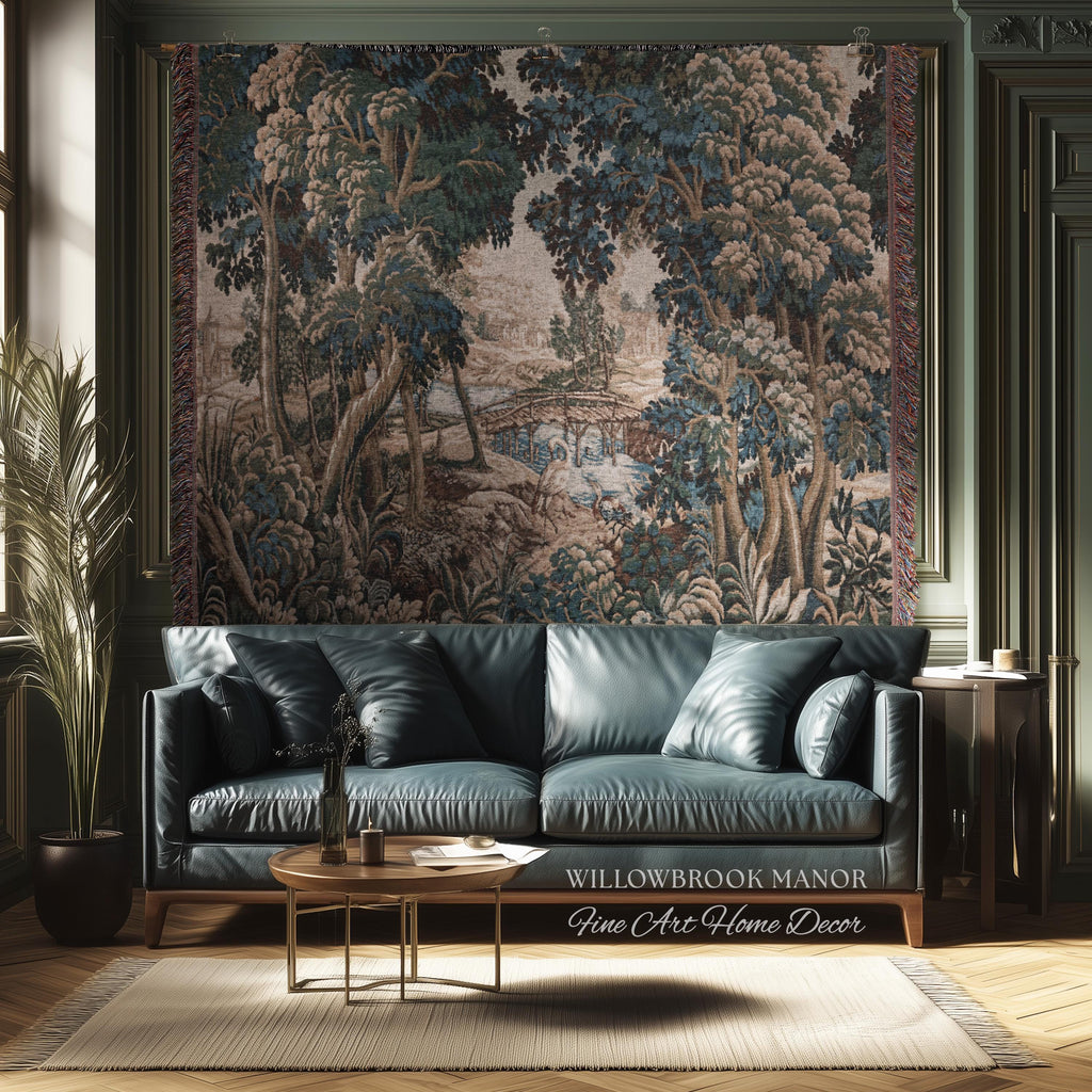 Royal Verdure Scenic River View Wetland Landscape Woven Textile Flemish Tapestry | Countryside Waterway Heron Rustic Bird and Foliage Decor