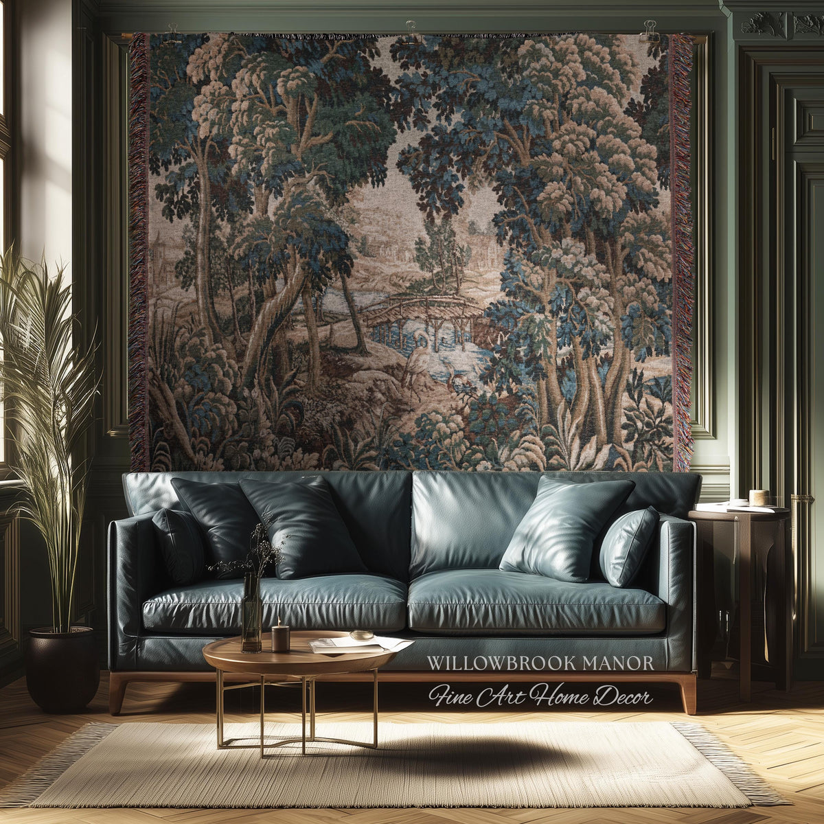 Royal Verdure Scenic River View Wetland Landscape Woven Textile Flemish Tapestry | Countryside Waterway Heron Rustic Bird and Foliage Decor