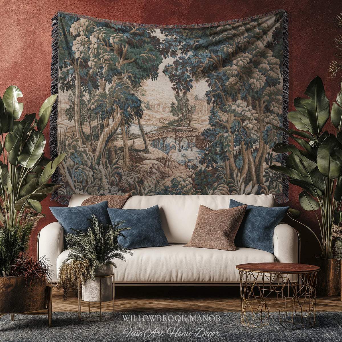 Royal Verdure Scenic River View Wetland Landscape Woven Textile Flemish Tapestry | Countryside Waterway Heron Rustic Bird and Foliage Decor