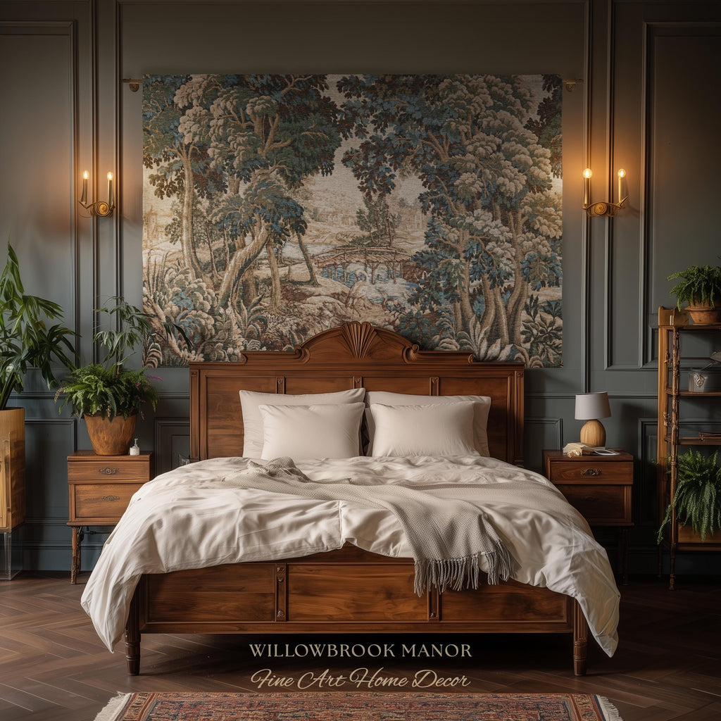 Royal Verdure Scenic River View Wetland Landscape Woven Textile Flemish Tapestry | Countryside Waterway Heron Rustic Bird and Foliage Decor