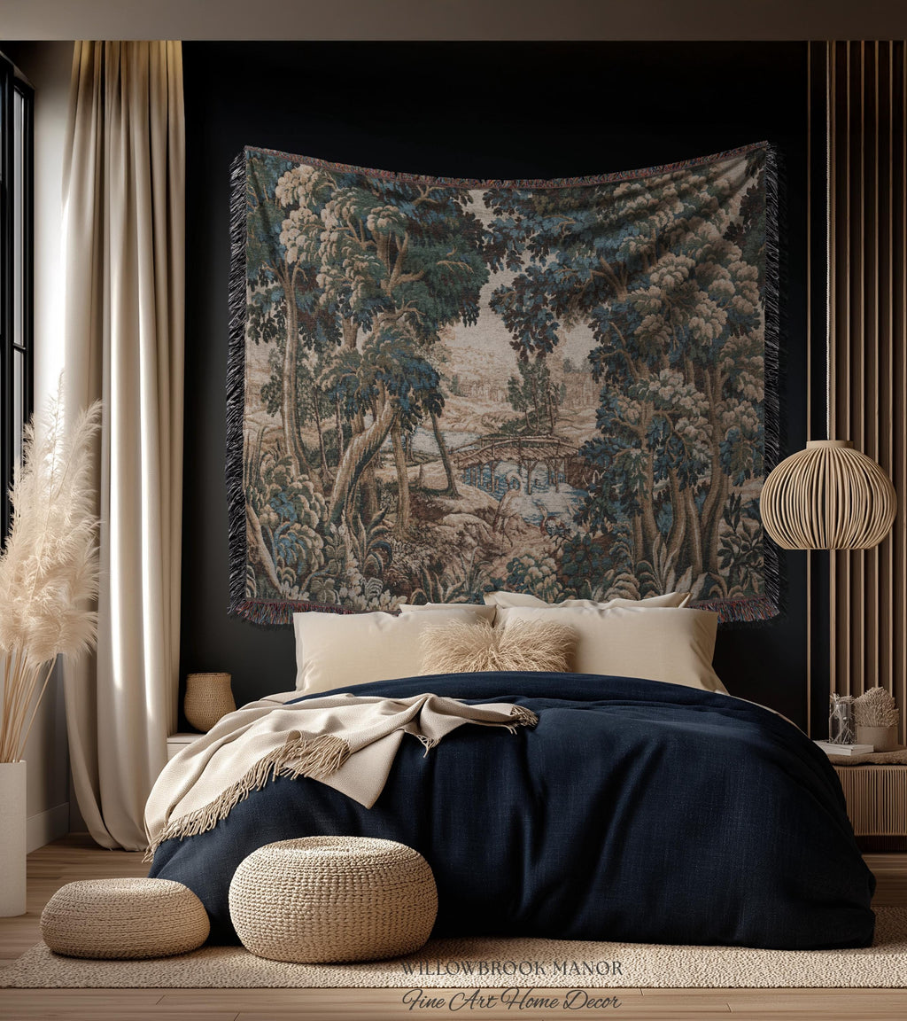 Royal Verdure Scenic River View Wetland Landscape Woven Textile Flemish Tapestry | Countryside Waterway Heron Rustic Bird and Foliage Decor