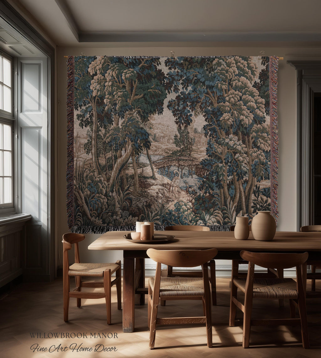 Royal Verdure Scenic River View Wetland Landscape Woven Textile Flemish Tapestry | Countryside Waterway Heron Rustic Bird and Foliage Decor