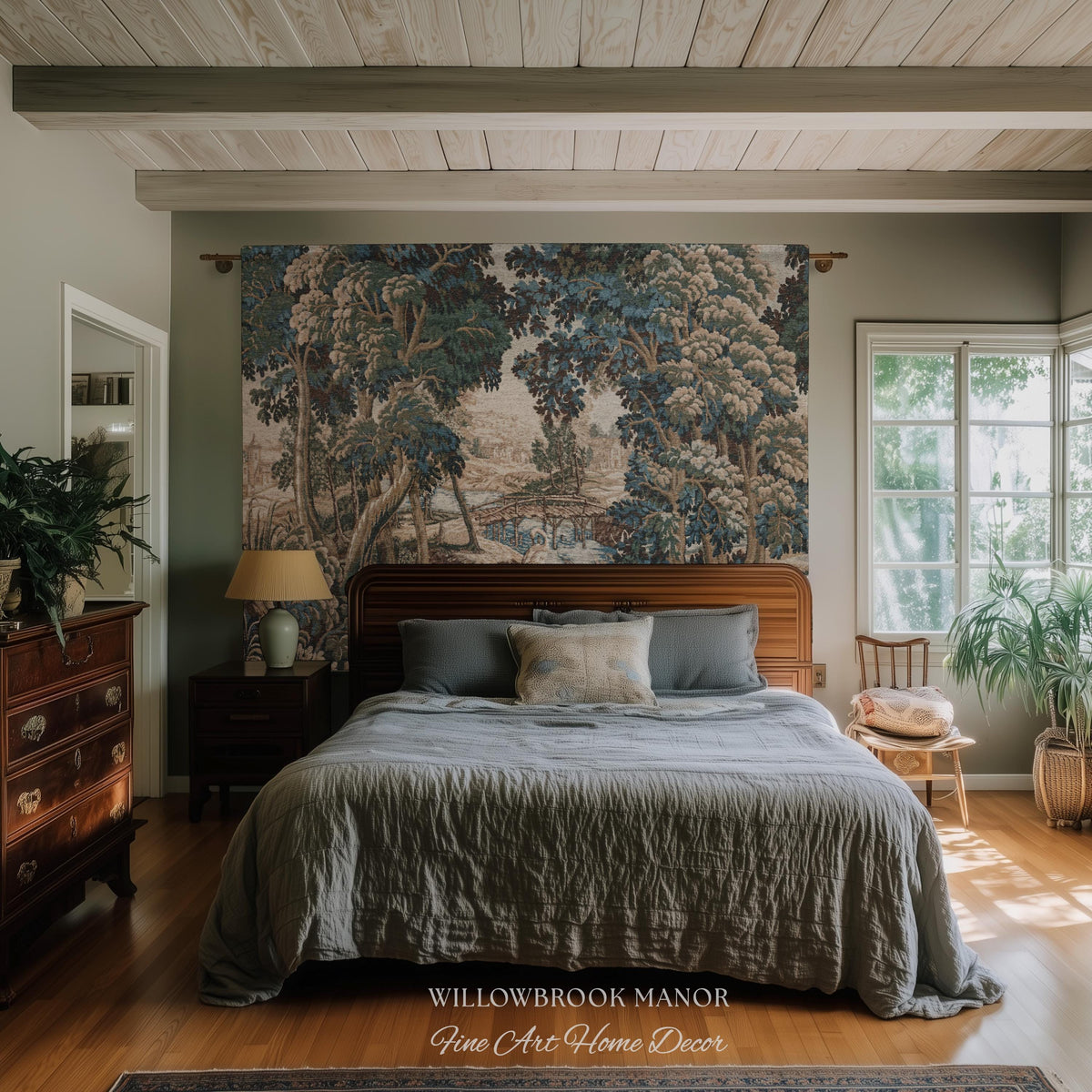 Royal Verdure Scenic River View Wetland Landscape Woven Textile Flemish Tapestry | Countryside Waterway Heron Rustic Bird and Foliage Decor